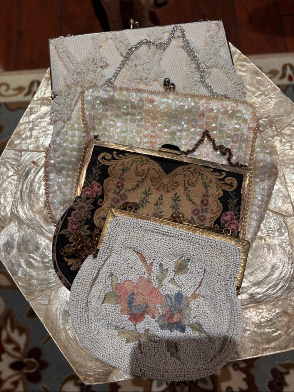 Vintage Beaded Floral Evening Bag - Cream and Multicolor
